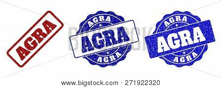 Agra Grunge Stamp Seals In Red And Blue Colors. Vector Agra Labels With Grunge Texture. Graphic Elem