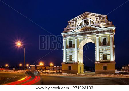 Irkutsk, Russia - November 10, 2012. Triumphal Arch Moscow Gates Is Located On Angara River Embarkme