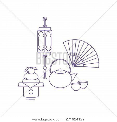 Eastern New Year Symbols. Chinese Lantern, Kettle With Two Cups, Fan, Kagami Mochi. Festive Traditio