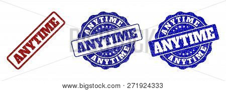 Anytime Grunge Stamp Seals In Red And Blue Colors. Vector Anytime Labels With Distress Texture. Grap