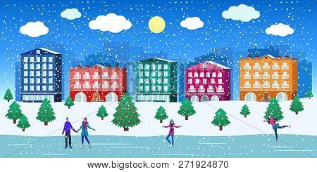 City Winter Scene Christmas Street, Retro European Buildings, Cute Houses, Ice Rink, Active People S