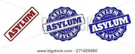 Asylum Grunge Stamp Seals In Red And Blue Colors. Vector Asylum Marks With Grunge Surface. Graphic E