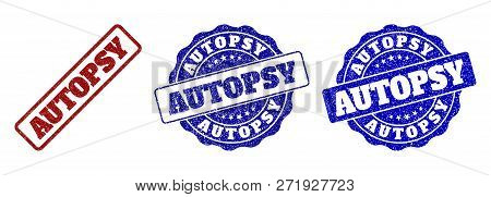 Autopsy Grunge Stamp Seals In Red And Blue Colors. Vector Autopsy Marks With Grunge Texture. Graphic