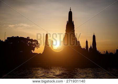 Silhouette Temple With Sunset Twiglight Sky At Bangkok,