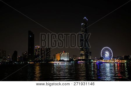 Landscape Night Of Choa Praya River In Night Time.