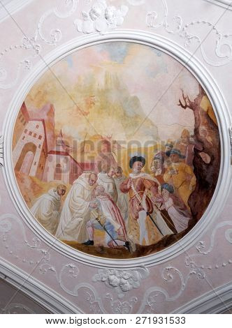 BRONNBACH, GERMANY - JULY 07, 2018: Ceiling frescoes with scenes from the life of St. Bernard of Clairvaux by Johann Adam Remele in Bernard Hall, Cistercian Abbey of Bronbach in Reicholzheim, Germany