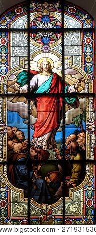 AALEN, GERMANY - JULY 12, 2018: Ascension of Christ, stained glass window in the Saint Nicholas Evangelical church, Aalen, Germany