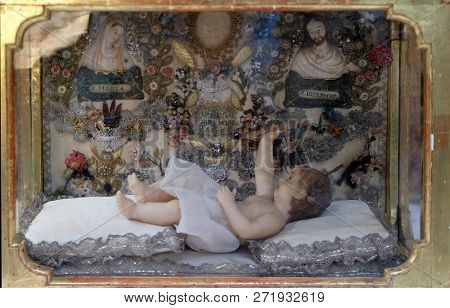 BRONNBACH, GERMANY - JULY 07, 2018: Newborn Jesus, Saint Jude the Apostle altar in Cistercian Abbey of Bronbach in Reicholzheim near Wertheim, Germany