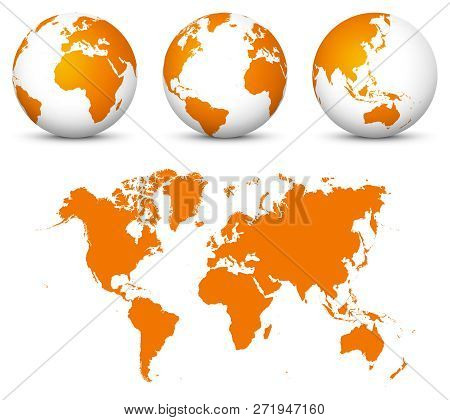 Orange 3d World - Flat Vector Globe Icon Set With Undistorted 2d World Map In Orange Color. Beautifu