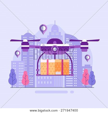 City Drone Delivery Service With Copter Carrying Package Concept Illustration. Quad Copter Shipping 