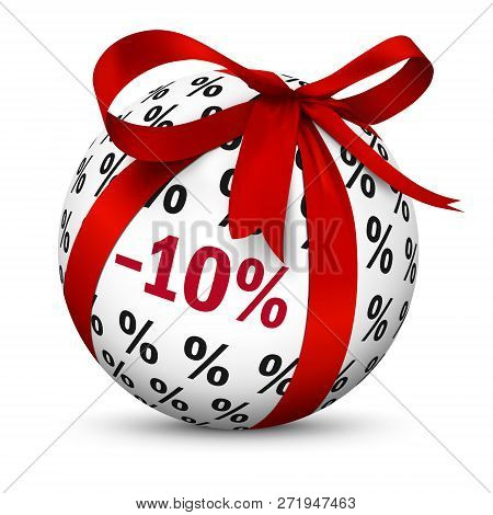Discount -10% - White 3d Sphere With Red Gift Bow And Minus 10 (ten) Percent Texture. Sign And Symbo