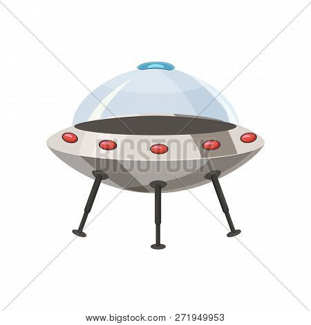Ufo Flying Spaceship Isolated On White Cartoon Style. Alien Transport Futuristic. Vector Illustratio