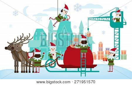 Merry Christmas And Happy New Year. Elves Helpers Collect Gifts In The Bag Of Santa Claus, Sleigh Wi