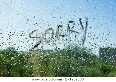 Word Sorry On The Window With Raindrops. Background Drop Of Water On The Glass, Blue Sky, Sun, City.