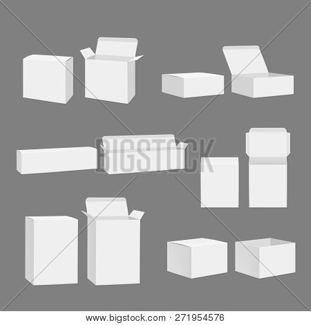 Blank Boxes. Open Closed Cardboard White Gift Packages Storage Mockup Vector Realistic Template Isol