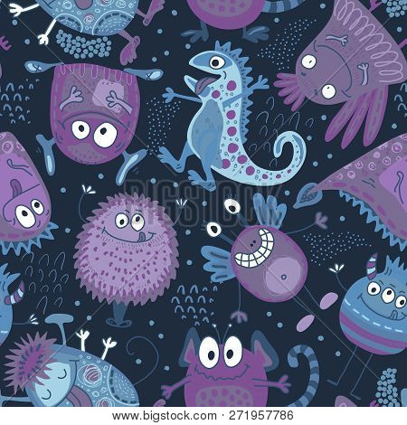 Colorful Vector Seamless Pattern With Funny Monsters