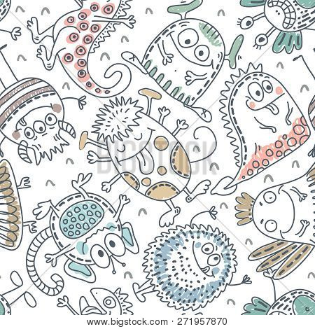 Colorful Vector Seamless Pattern With Funny Monsters