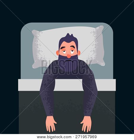Sleepless Insomnia Concept Art. Tired Man On The Bed Can Not Sleep. Stress Male Character. Insomniou