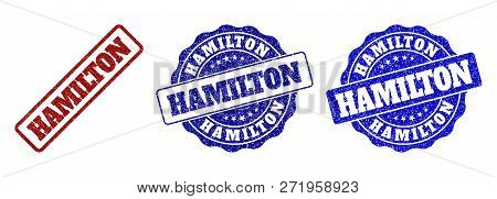 Hamilton Grunge Stamp Seals In Red And Blue Colors. Vector Hamilton Imprints With Grunge Surface. Gr