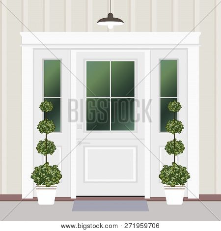 House Door Front With Doorstep And Mat, Window, Lamps, Flowers, Entry Facade Building, Exterior Entr