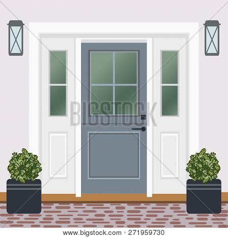 House Door Front With Doorstep And Window, Lamps, Flowers, Entry Facade Building, Exterior Entrance