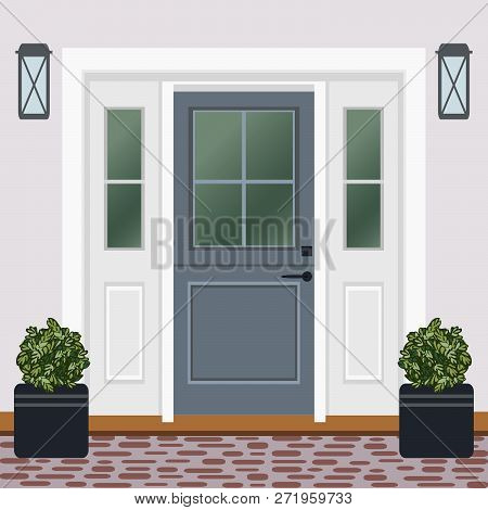 House Door Front With Doorstep And Window, Lamps, Flowers, Entry Facade Building, Exterior Entrance