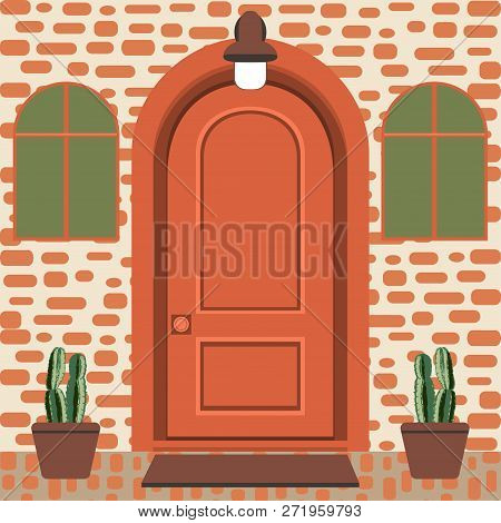 House Door Front With Doorstep And Mat, Window, Lamps, Flowers, Entry Facade Building, Exterior Entr