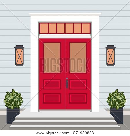 House Door Front With Doorstep And Steps, Window, Lamps, Flowers, Entry Facade Building, Exterior En