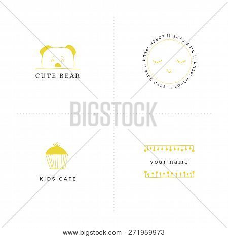 Vector Set Of Hand Drawn Illustrations. Premade Logo Templates For Children Related Businesses. For 