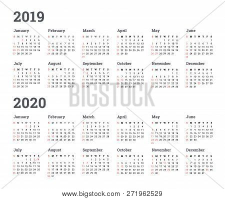 Week Starts On Monday. Calendar 2019 2020 Year -  Illustration.