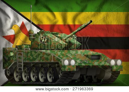 Light Tank Apc With Summer Camouflage On The Zimbabwe Flag Background. 3d Illustration