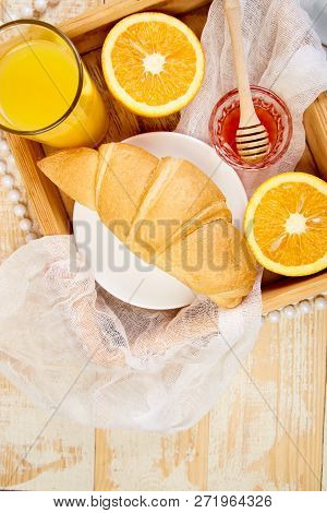 Good Morning. Continental Breakfast On Ristic Wooden Background.