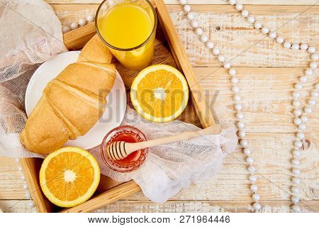 Good Morning. Continental Breakfast On Ristic Wooden Background.