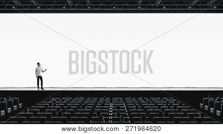 Presentation Hall With Person On Scene Auditorium Blank Screen Mockup