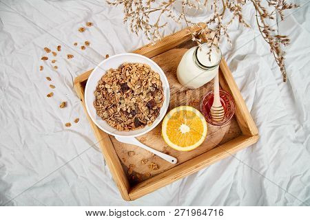 Good Morning. Breakfast On White Bed Sheets.