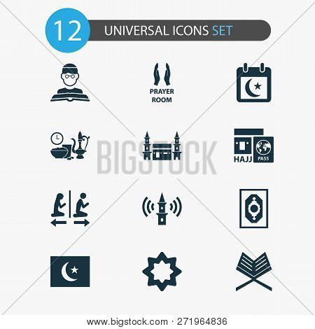 Holiday Icons Set With People, Koran, Mushaf And Other Holy Book Elements. Isolated  Illustration Ho