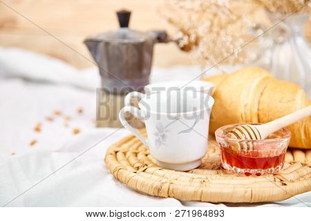 Good Morning. Two Cup Of Coffee With Croissant And Jam.