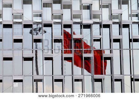 Reflection Of The Turkish Flag On  Building In Modern Glass Facade