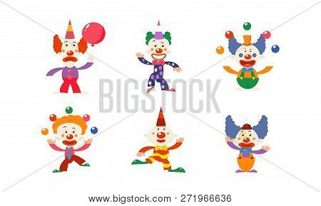 Flat Vector Set Of 6 Funny Clowns In Different Actions. Circus Artists With Colorful Wigs And Makeup
