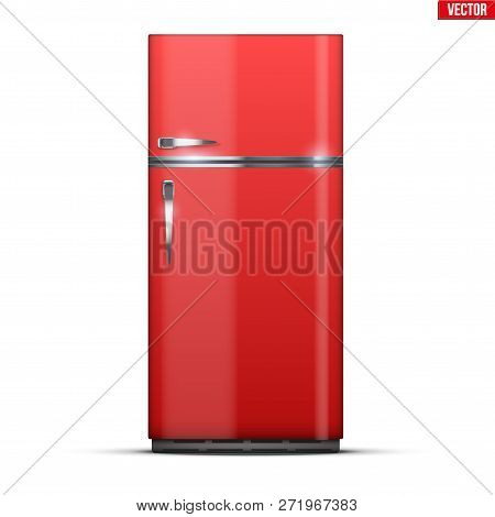 Modern Fridge Freezer Refrigerator In Red Color. Household Tech And Appliances. Vector Illustration 