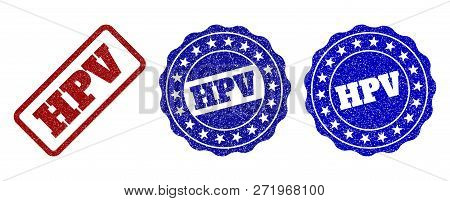 Hpv Grunge Stamp Seals In Red And Blue Colors. Vector Hpv Watermarks With Grunge Surface. Graphic El
