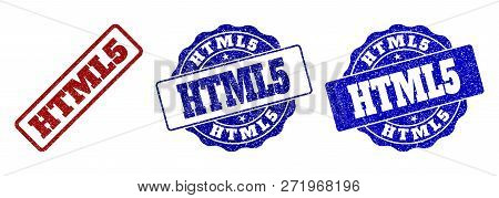Html5 Grunge Stamp Seals In Red And Blue Colors. Vector Html5 Signs With Grunge Style. Graphic Eleme