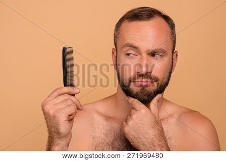 Portrait Of Nice Attractive Handsome Positive Funny Pensive Brunet Guy Holding In Hand Comb Thinking