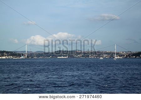 Panoramic View Of Istanbul From The Bosphorus Strait. Sea Cruise On The Strait With A View Of The Ci