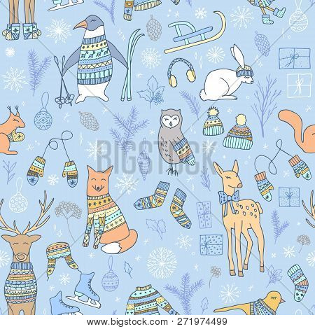 Vector Hand Drawn Cute Forest Animals Seamless Pattern. Stylish And Elegant Cartoon Christmas Animal