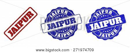 Jaipur Scratched Stamp Seals In Red And Blue Colors. Vector Jaipur Signs With Draft Effect. Graphic 