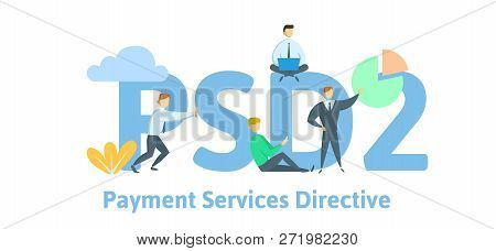 Psd2, Payment Services Directive 2. Concept Table With People, Letters And Icons. Flat Vector Illust