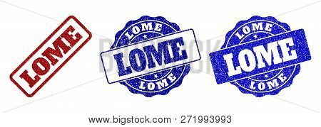 Lome Grunge Stamp Seals In Red And Blue Colors. Vector Lome Marks With Grunge Surface. Graphic Eleme