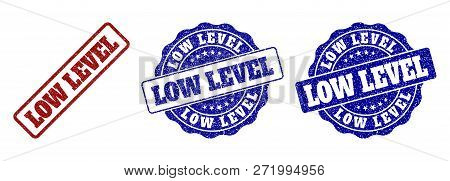 Low Level Grunge Stamp Seals In Red And Blue Colors. Vector Low Level Labels With Draft Style. Graph