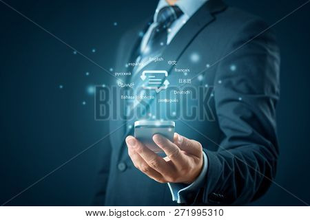 Translator App, Language Course And E-learning Concept. Person With Smart Phone, Symbol Of Translati